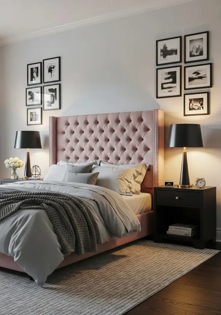 pink velvet headboard with black decor accents in bedroom
