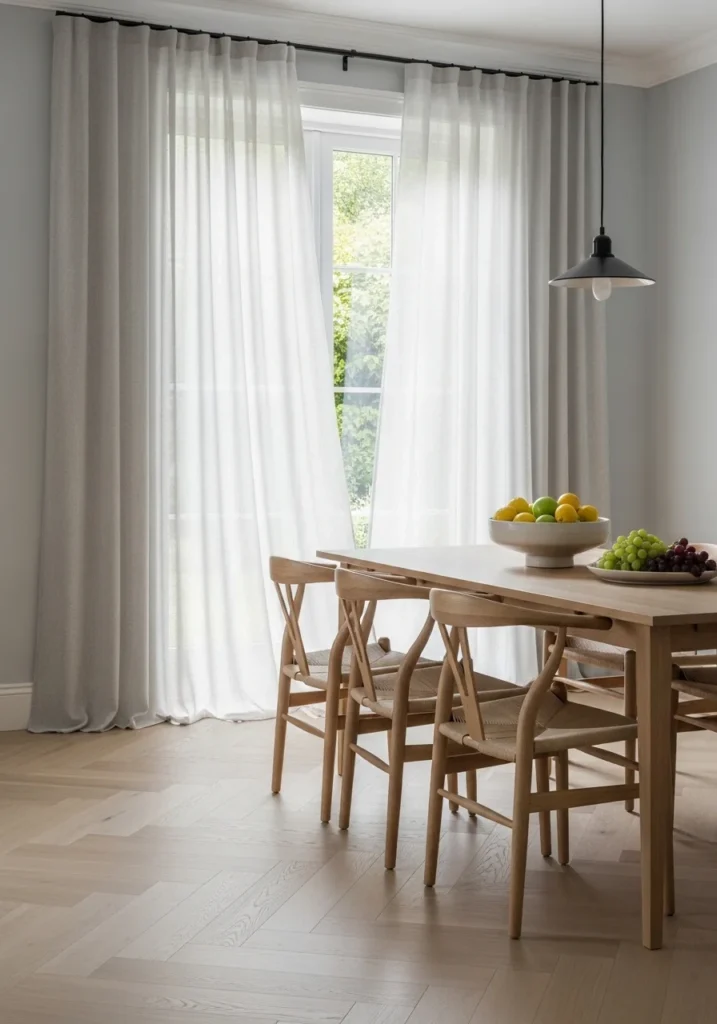 Dining room decor with soft linen curtains and natural lighting