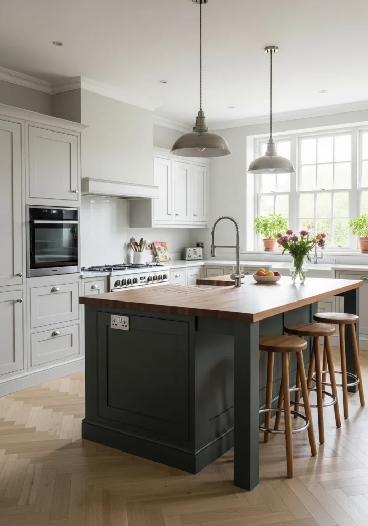 Kitchen featuring dark green island, butcher block top, wooden stools, and neutral cabinets.
