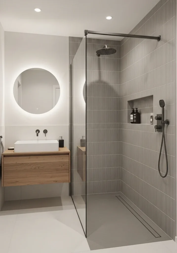 Vertical tile walk-in shower making bathroom look taller