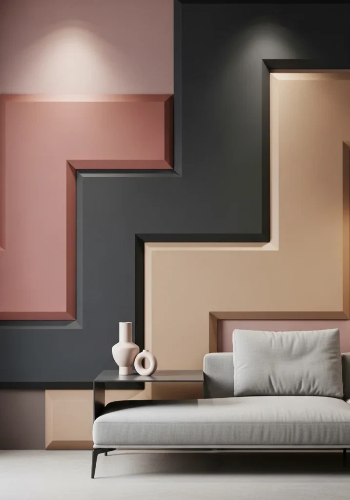 Geometric wall panels creating modern texture in living room.
