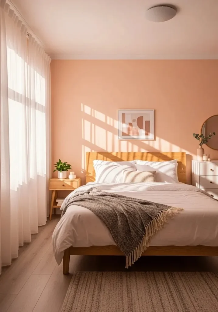 Cozy bedroom with soft peach walls, white bedding, and light wood furniture bathed in morning sunlight.
