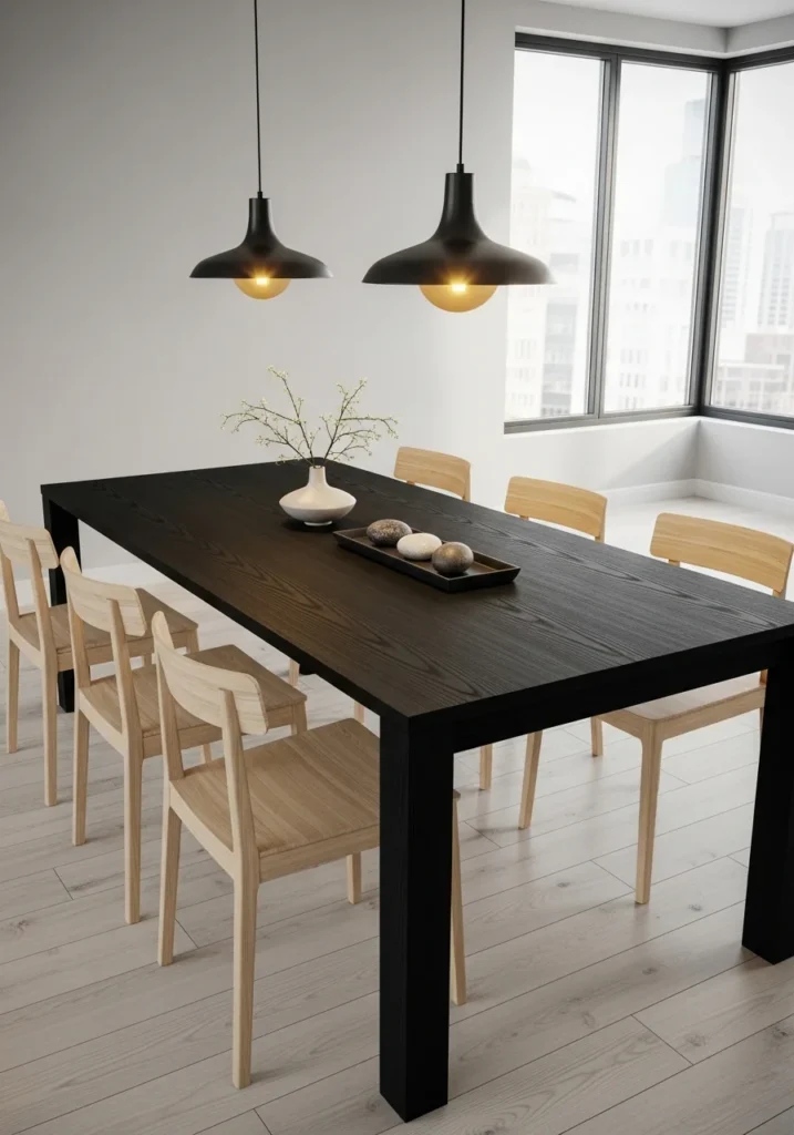 Matte black dining table with light wood chairs and warm lighting for a bold modern dining room.