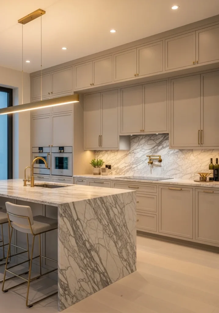 Luxury one wall kitchen with marble island centerpiece