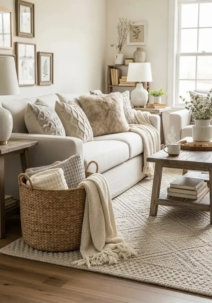 woven baskets in farmhouse living room