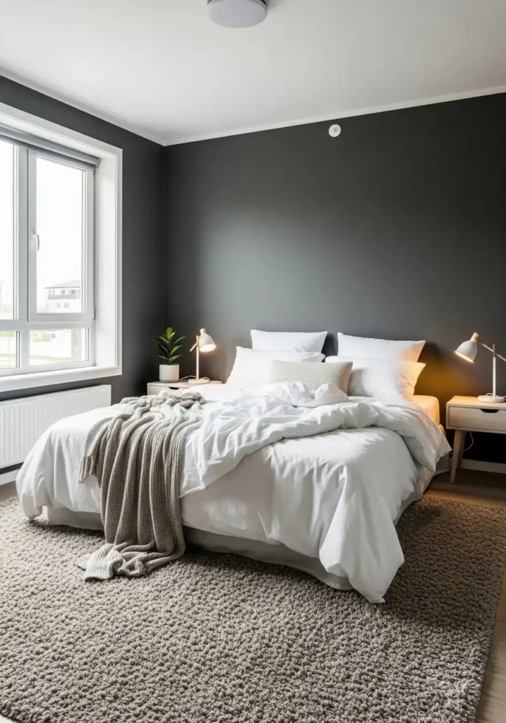 Dark gray bedroom with white bedding and a neutral area rug.