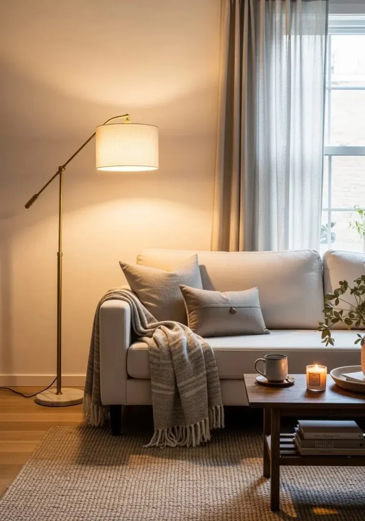 Floor lamp behind sofa creating warm indirect lighting