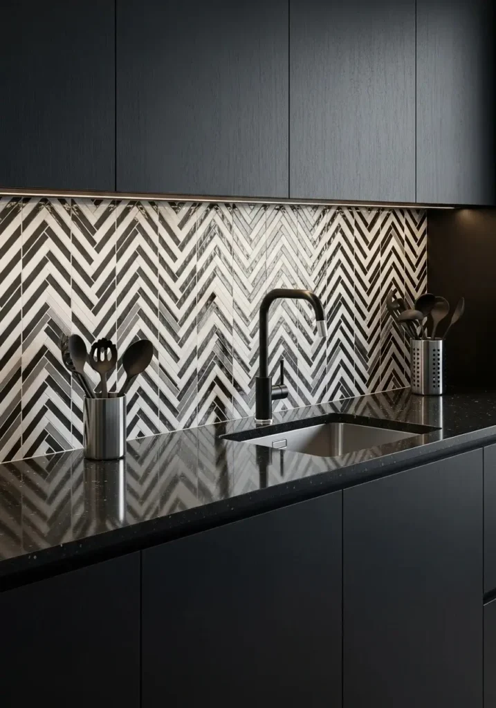 black and white kitchen with patterned backsplash