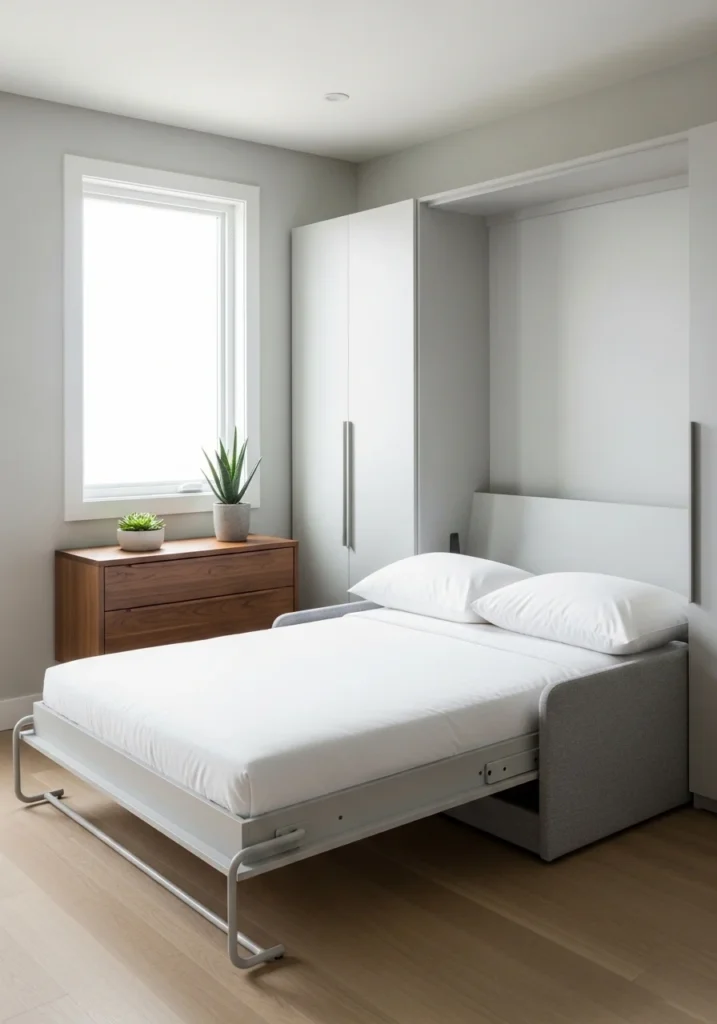 Horizontal side-folding Murphy bed in a compact modern bedroom.
