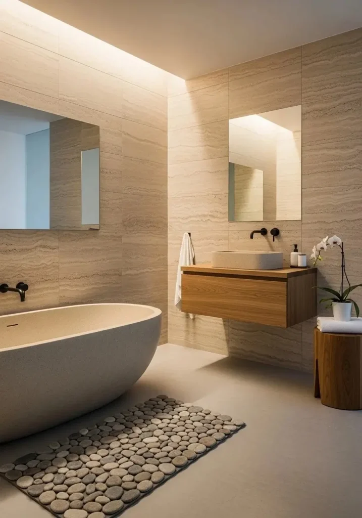 Textured stone bath mat in modern minimalist bathroom