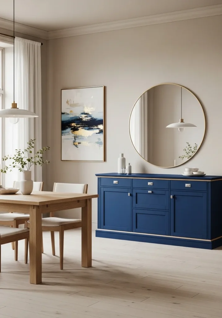 Blue buffet cabinets in dining room with neutral walls and wooden table.