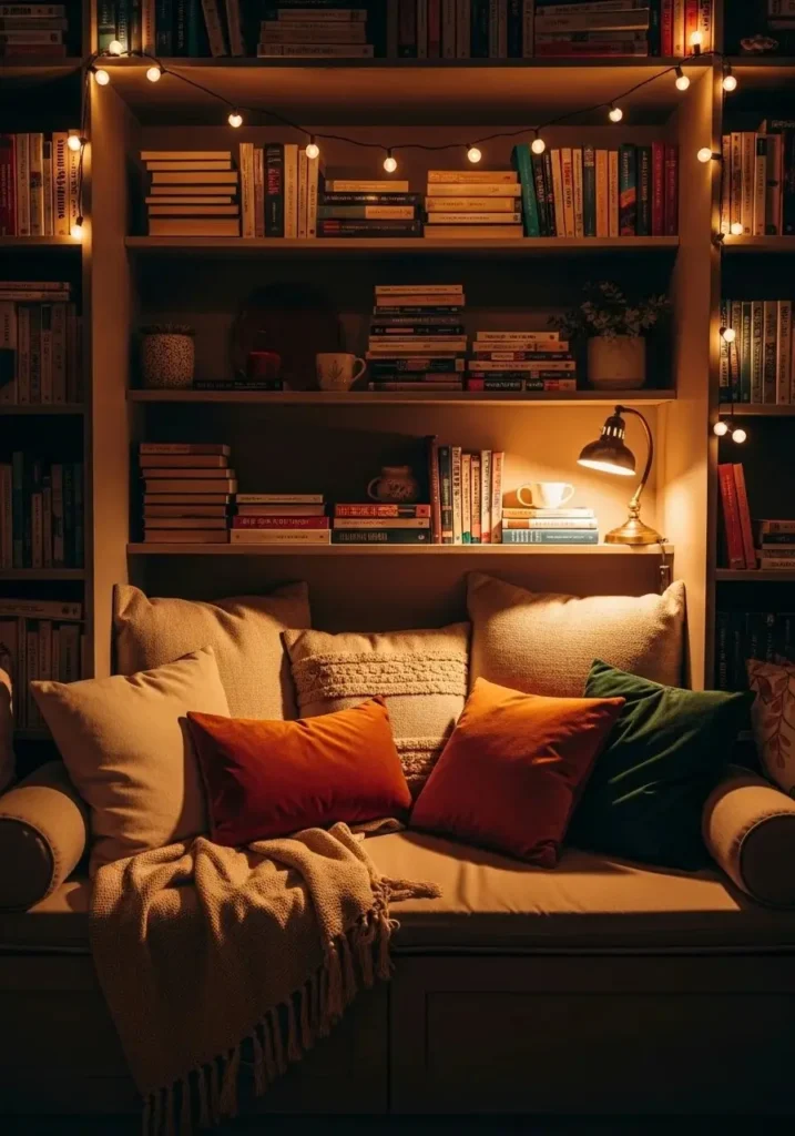 Built-in shelves with reading nook in living room creating a cozy and relaxing space