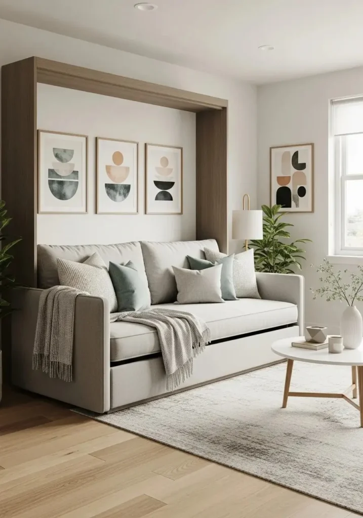 Murphy bed with fold-out sofa seating in a multifunctional studio apartment.