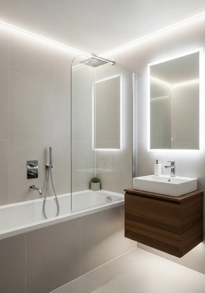 Small bathroom bathtub with frameless glass shower screen