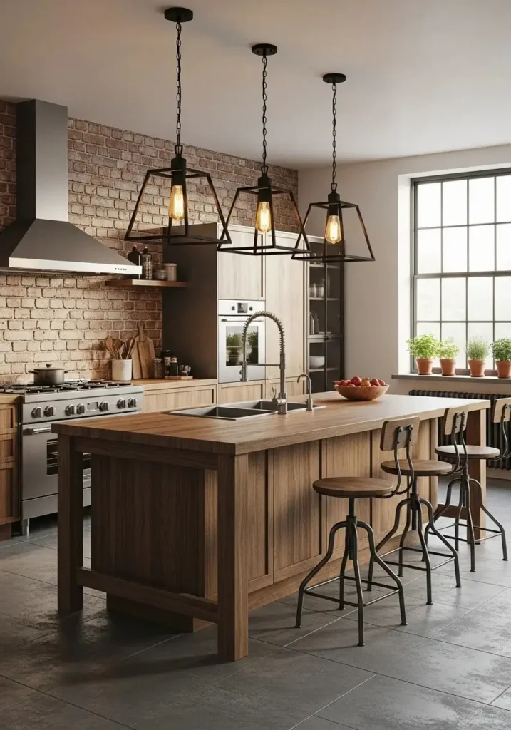 Industrial-style lighting with metal pendants and Edison bulbs adding character to the kitchen island.