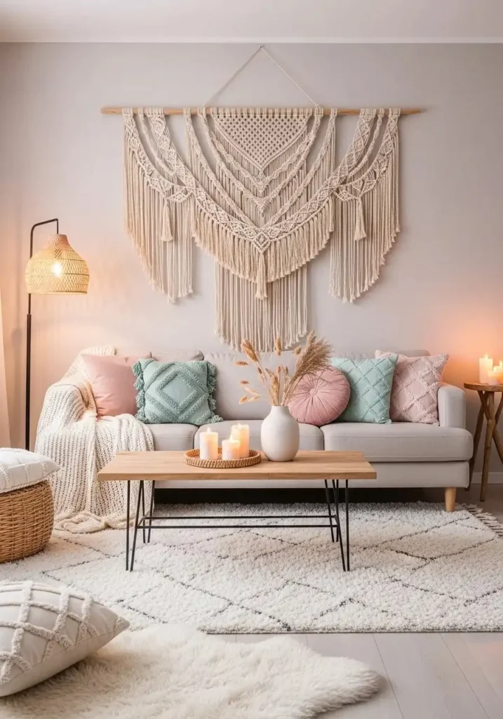 Woven wall hanging creating boho-chic texture in living room.