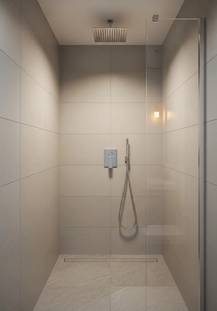 Compact rainfall showerhead in a small shower for luxury without clutter