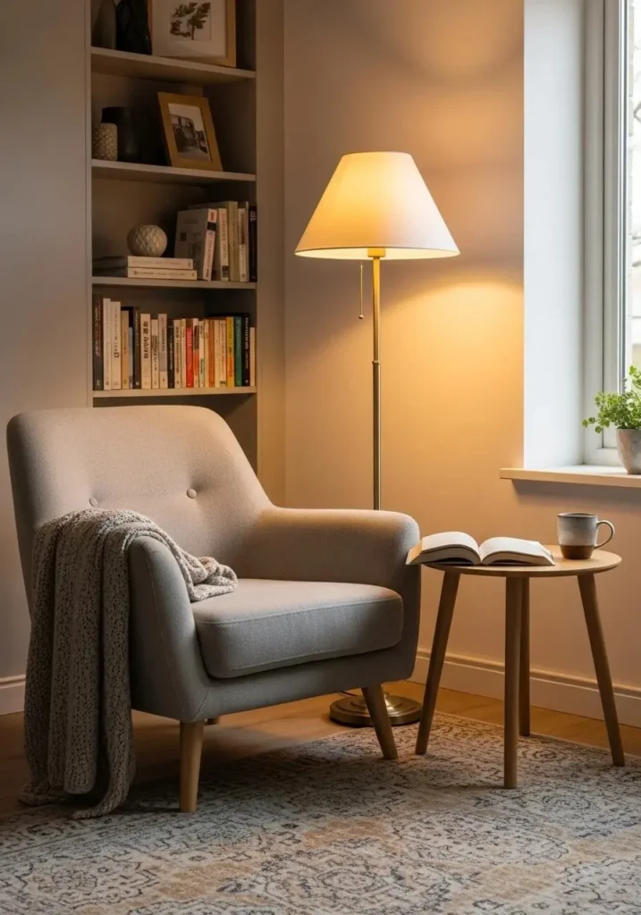 Cozy reading nook with soft armchair and warm lighting in living room