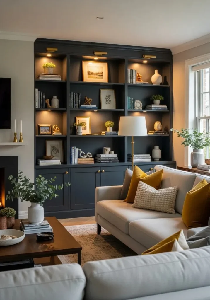 Dark built-in shelves in living room adding depth and bold style