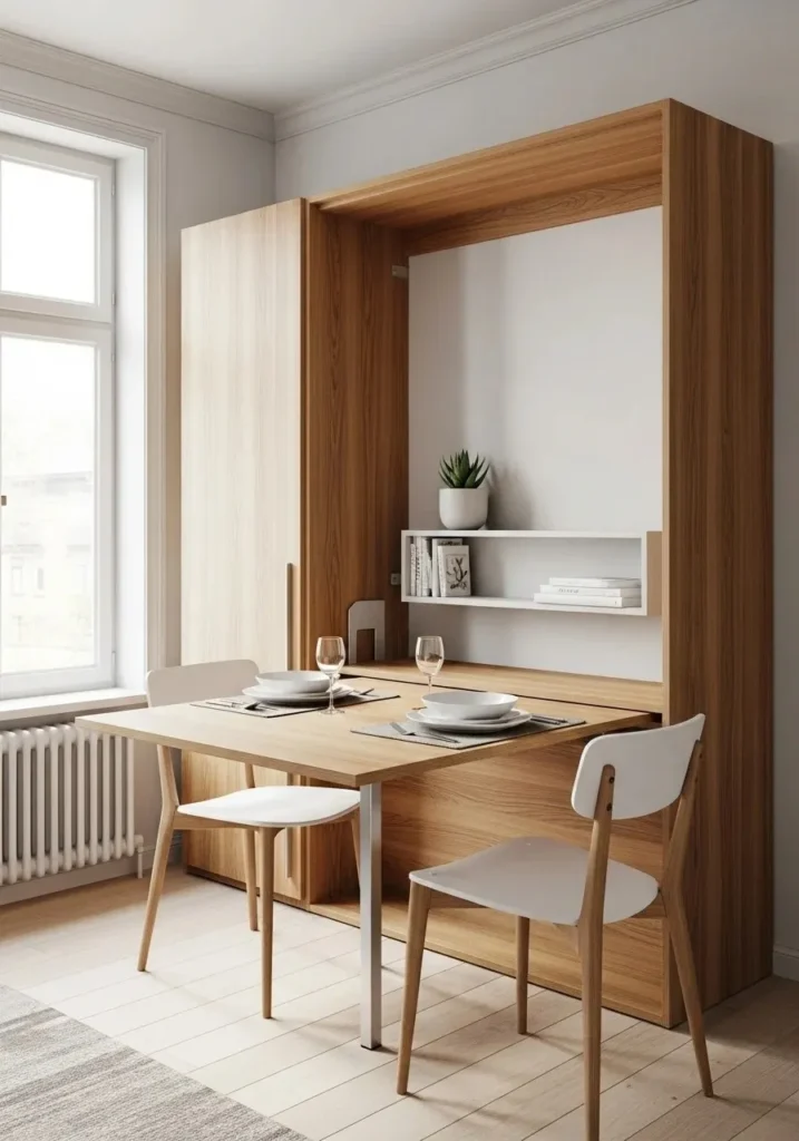 Murphy bed with fold-down table for dining or workspace in a small apartment.