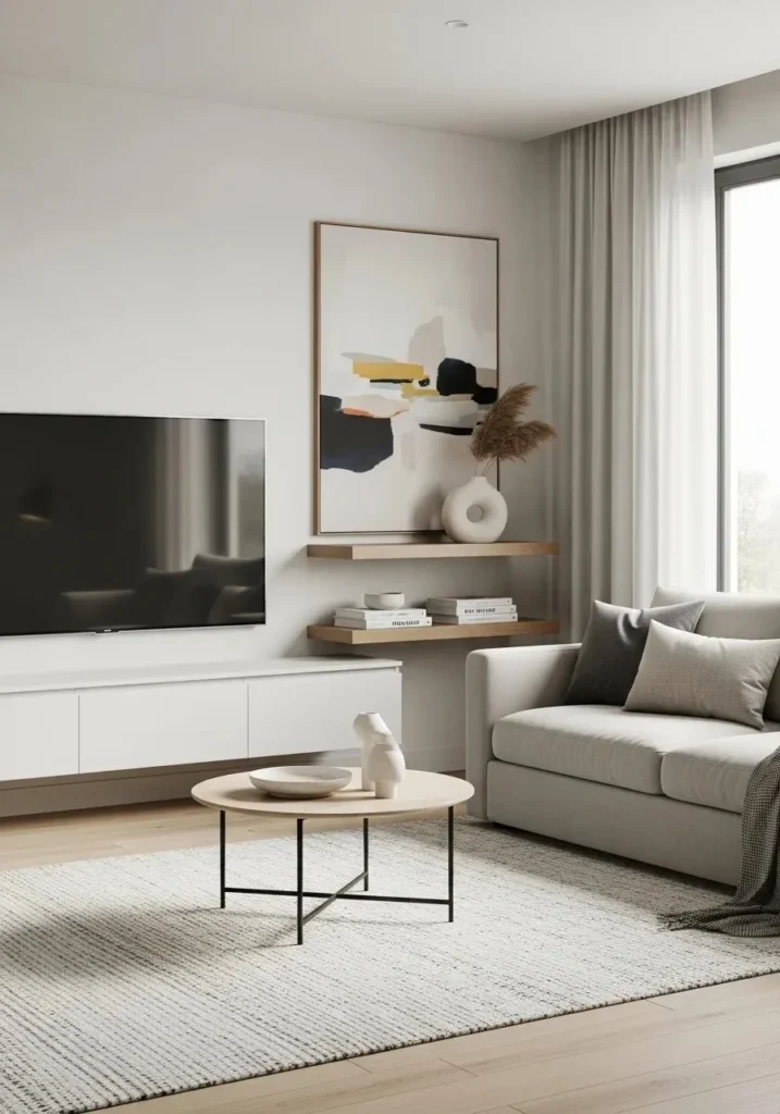 Organized living room media area with wall-mounted TV and modern console.