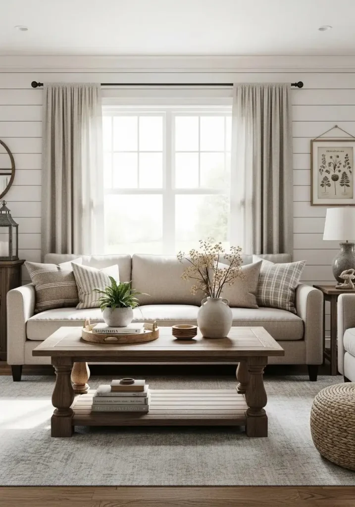white shiplap farmhouse living room wall