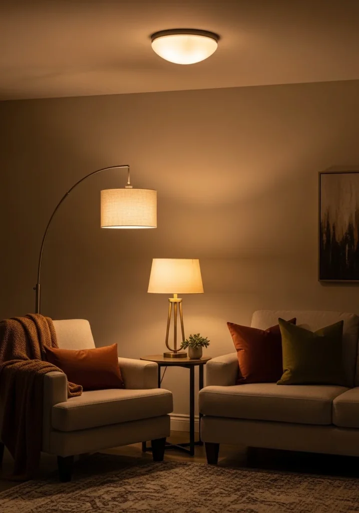 Living room with layered lighting using floor lamp and warm lights
