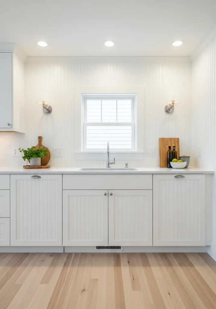 Vertical beadboard backsplash making small kitchen look taller and brighter