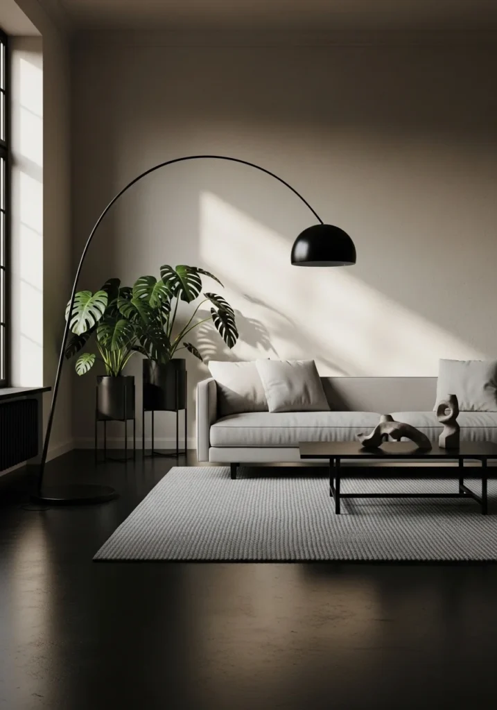 Black floor lamp creating contrast in neutral living room