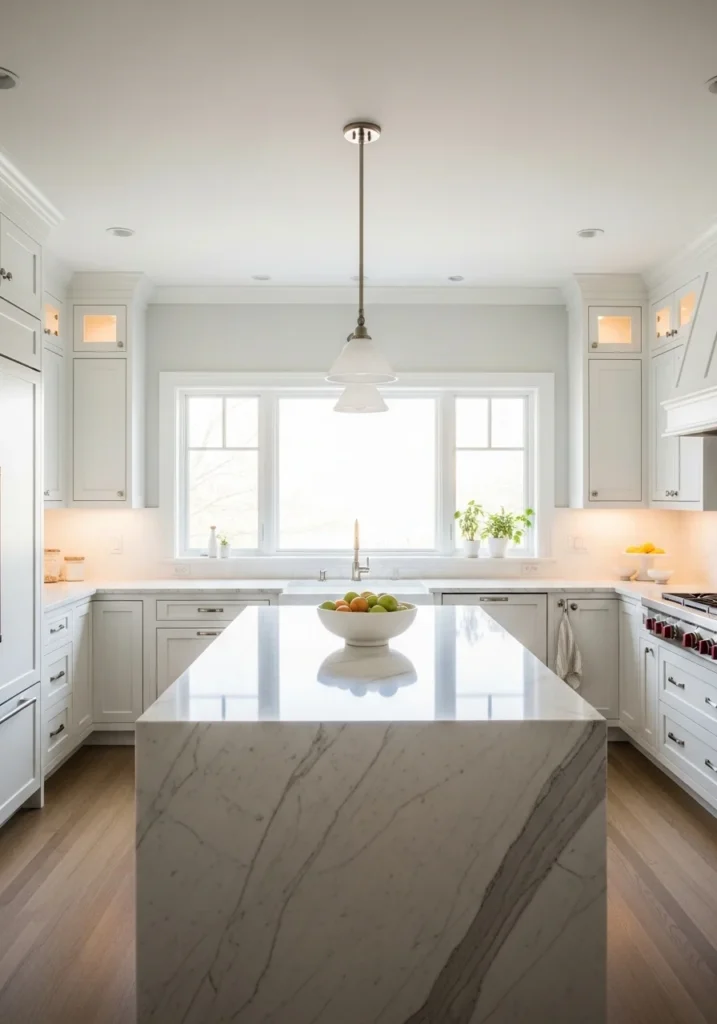 Classic white U-shaped kitchen with marble island, bright and airy design.