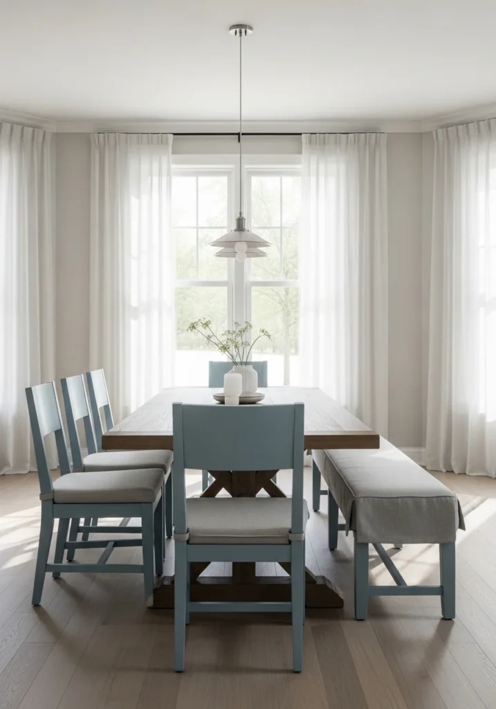 Light blue dining chairs in neutral dining room with wooden table.