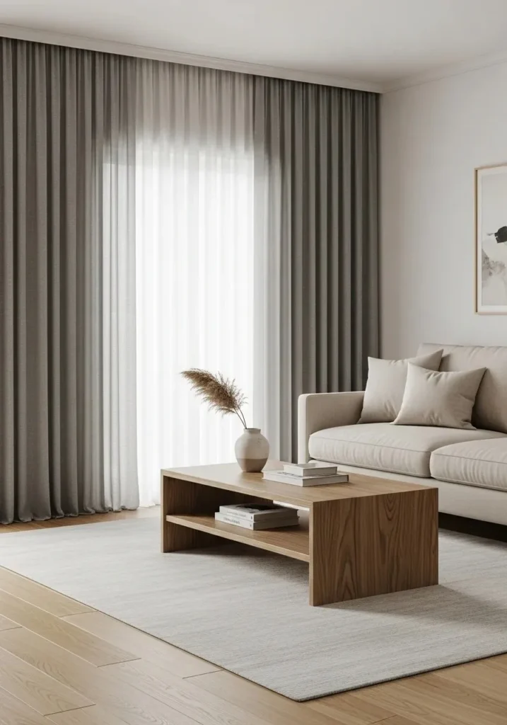 Neutral gray curtains in a calm, cozy living room with beige furniture and wooden accents.