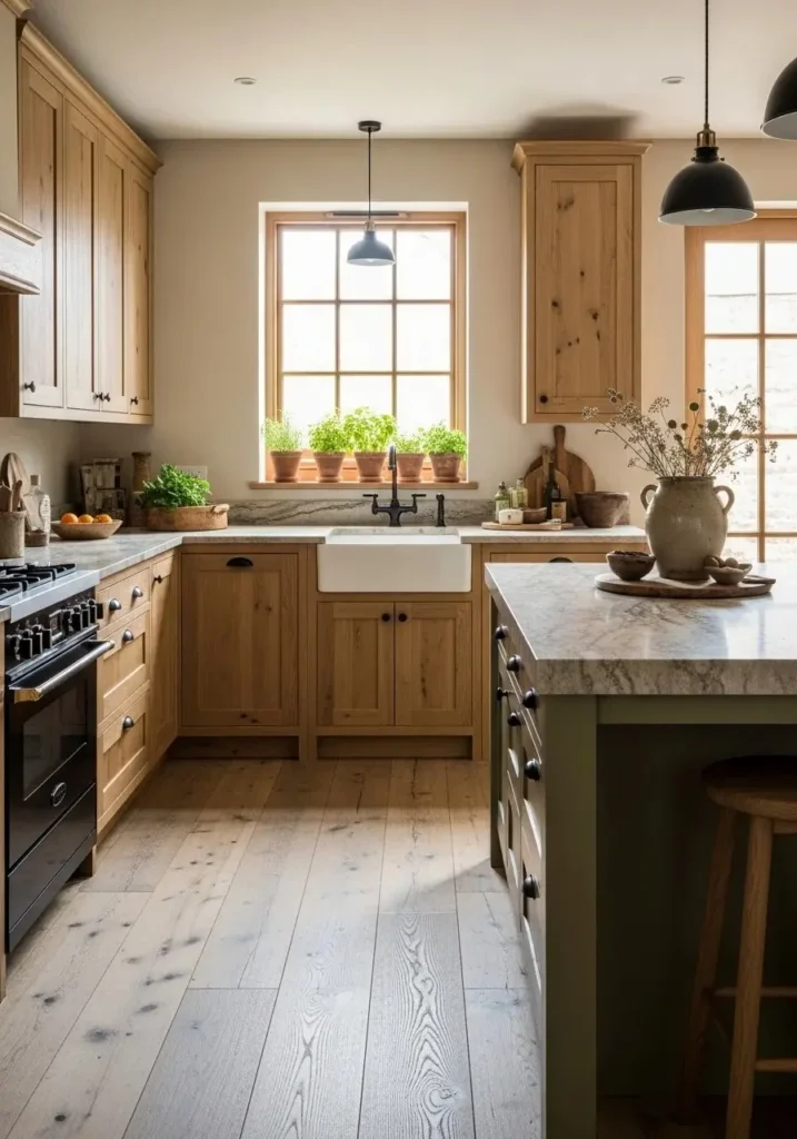 Warm wooden L-shaped kitchen with stone island, natural textures and earthy tones.