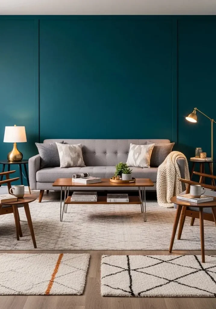 Bold accent wall creating a dramatic focal point in living room.