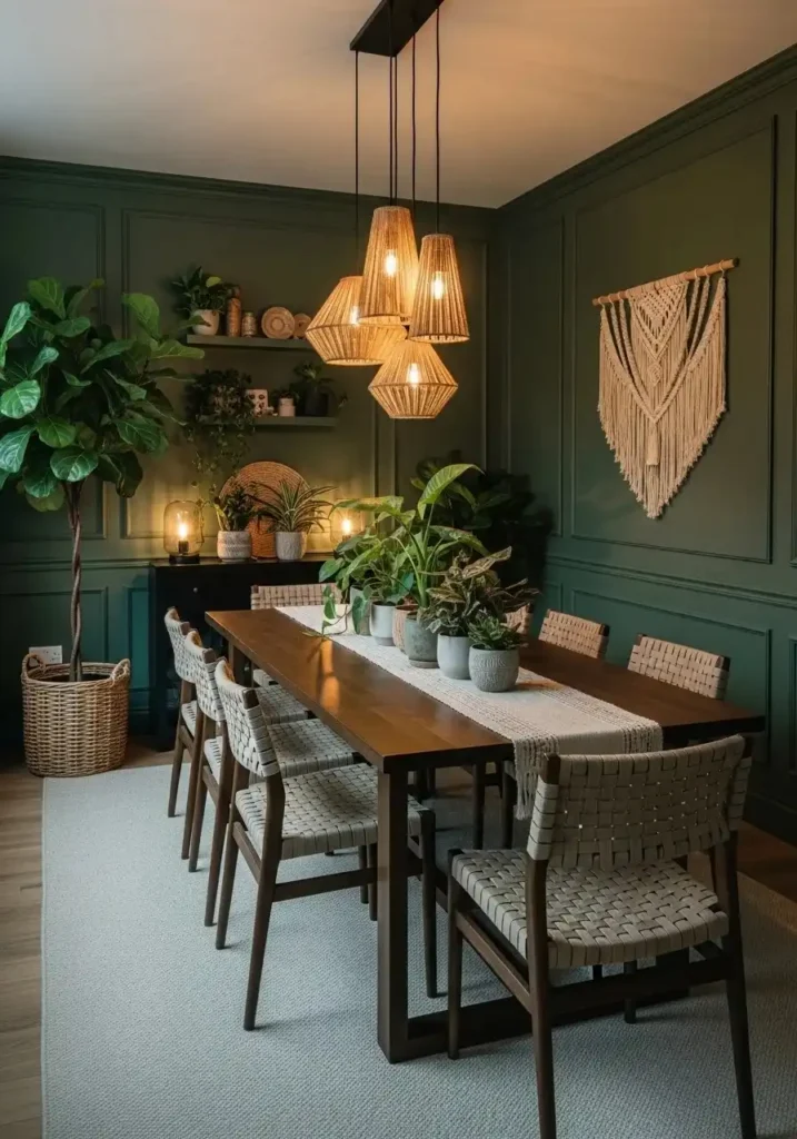 Forest green color drenched dining room with wood furniture and plants.