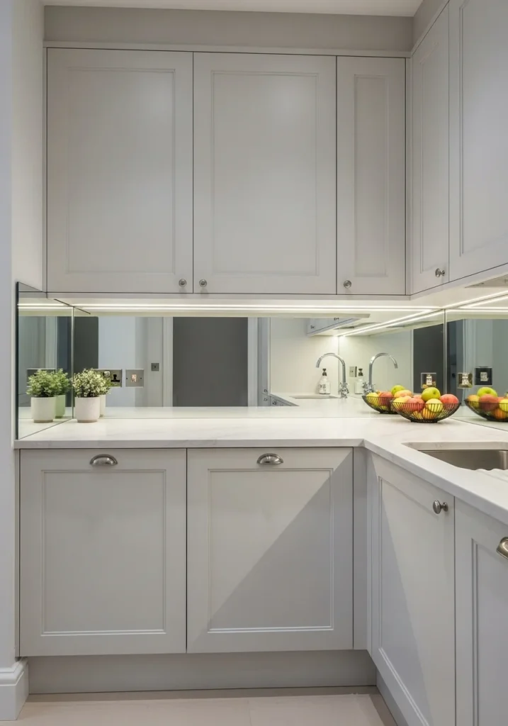 Mirrors in small kitchens reflect light and create a sense of openness and depth.