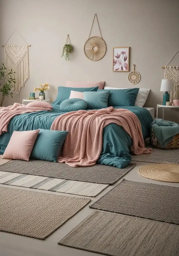 Teal and pink layered textiles bedroom