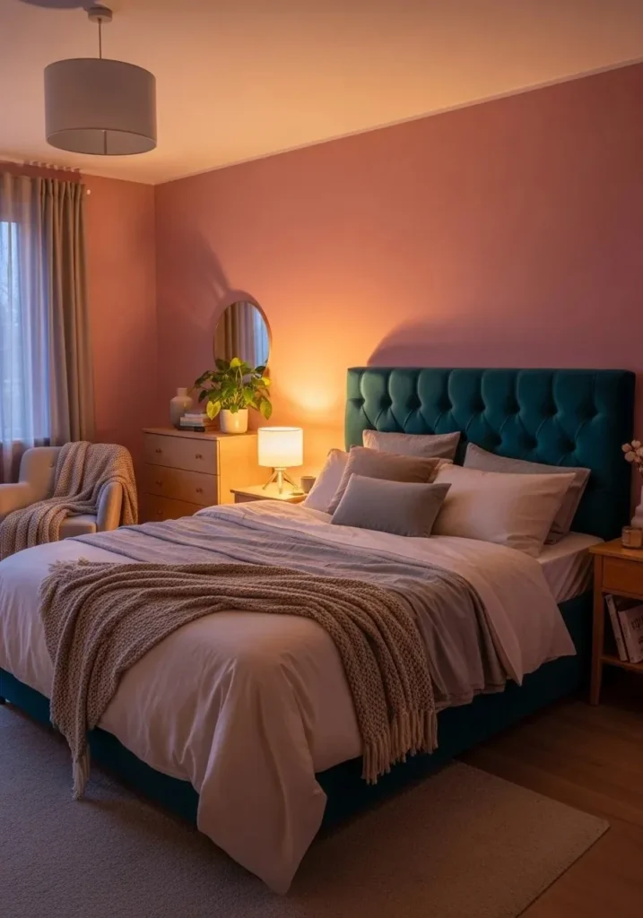 Pink walls and teal velvet headboard