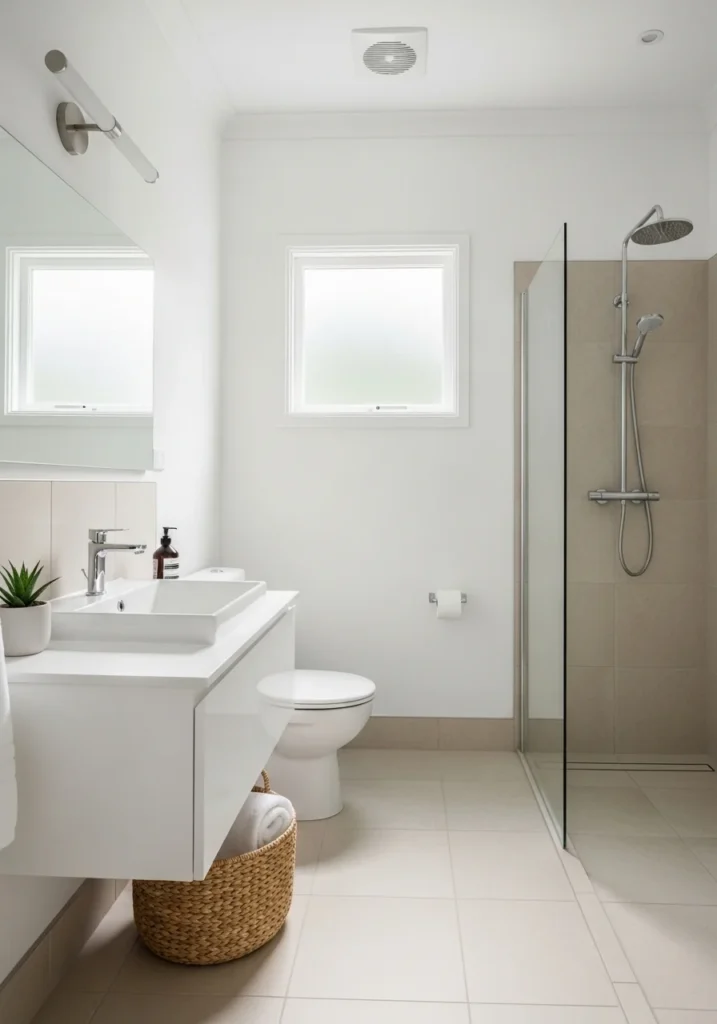 Light colored small bathroom that looks bright and spacious