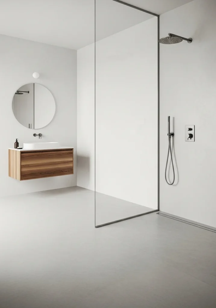 Curbless walk-in shower with seamless floor design