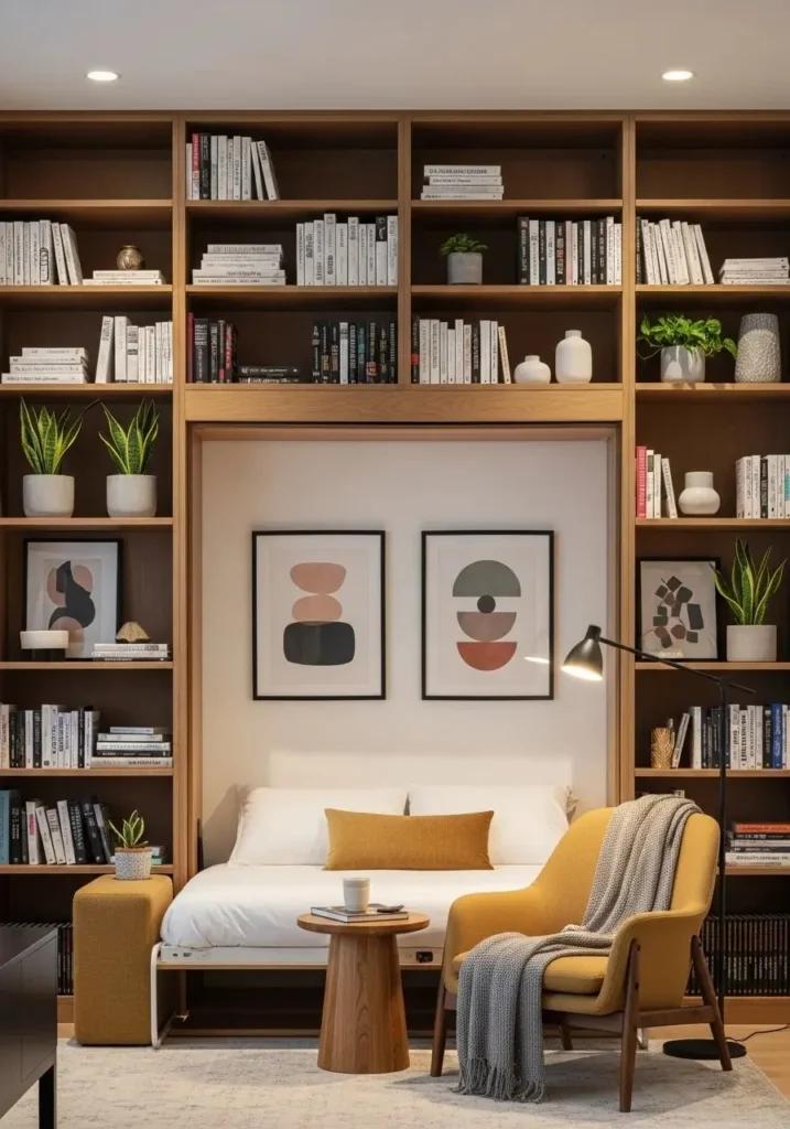 Murphy bed with built-in bookshelves creating a stylish library wall.