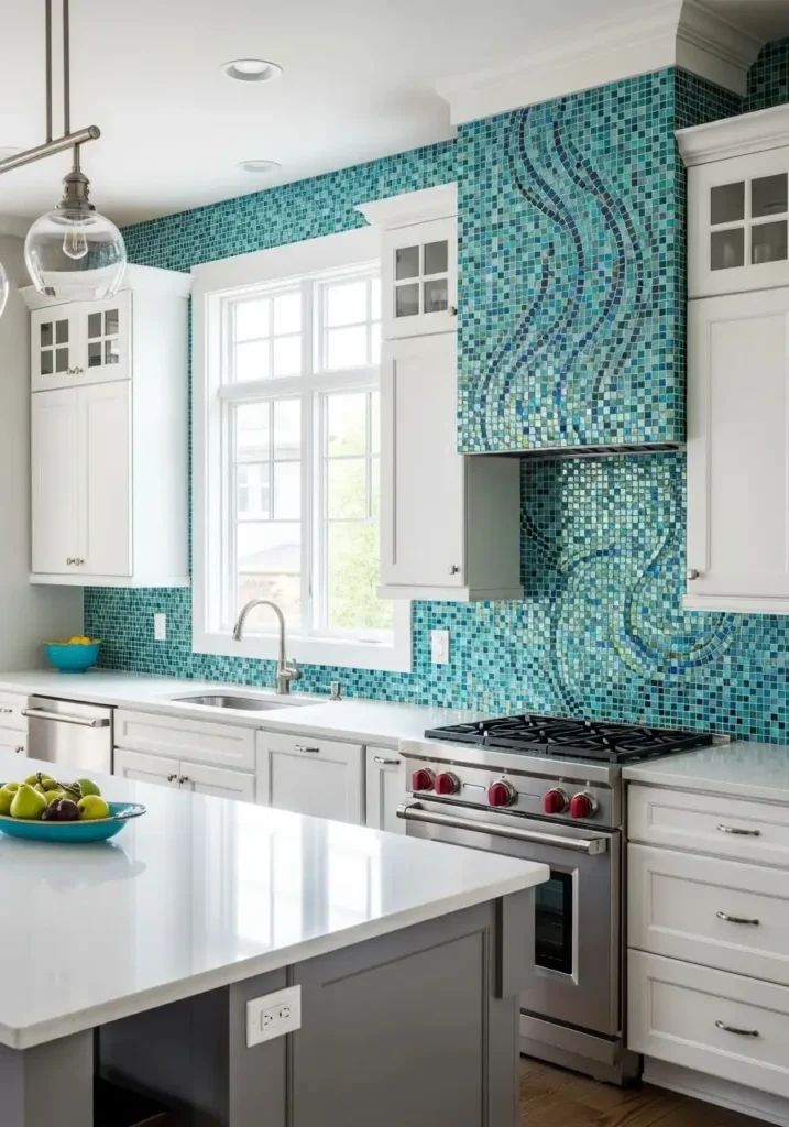 Kitchen backsplash with colorful blue and green mosaic tiles