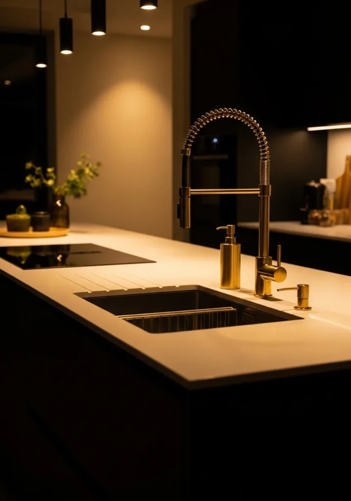 Black kitchen island with sink and gold accents for bold style