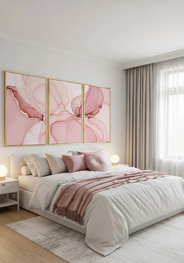 Elegant pink and gold wall art displayed above a bedroom bed