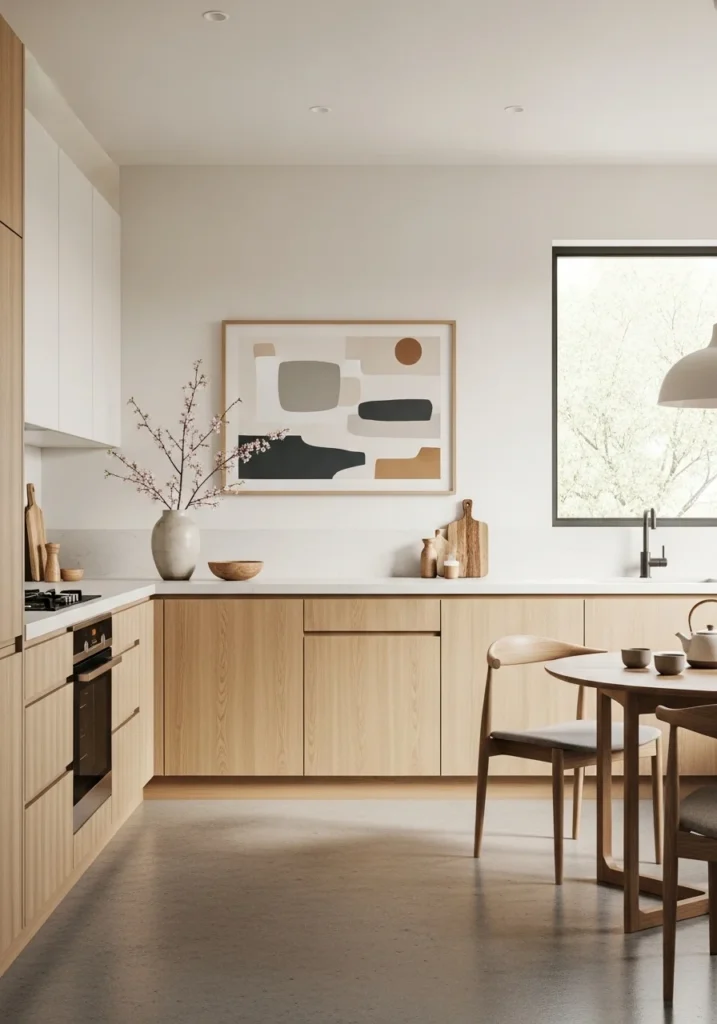 Japandi kitchen with soft minimal decor creating a calm and curated space.