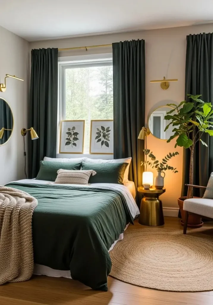 moody bedroom ideas with dark green accents and gold decor