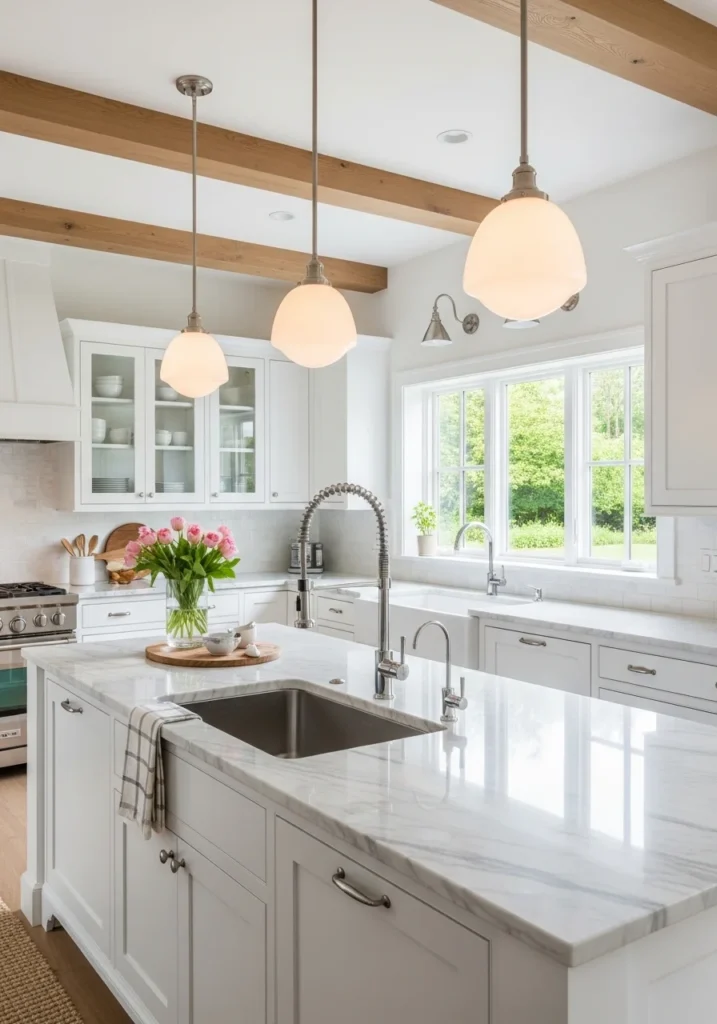 Classic white kitchen island with built-in sink and marble countertop