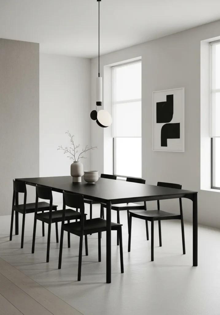 Minimalist black dining room with clean lines and simple modern decor.