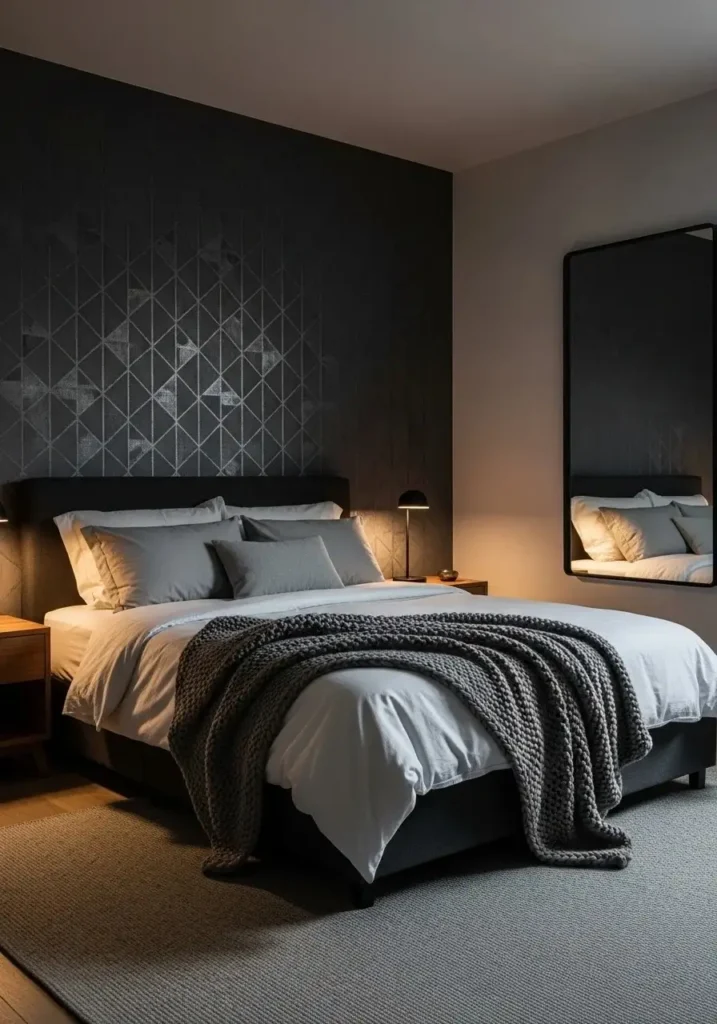 Dark gray bedroom with patterned wallpaper accent wall.
