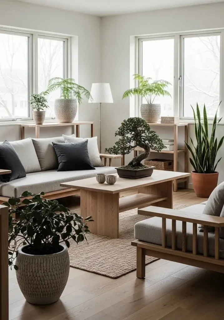 Japandi living room with plants adding natural and fresh touch